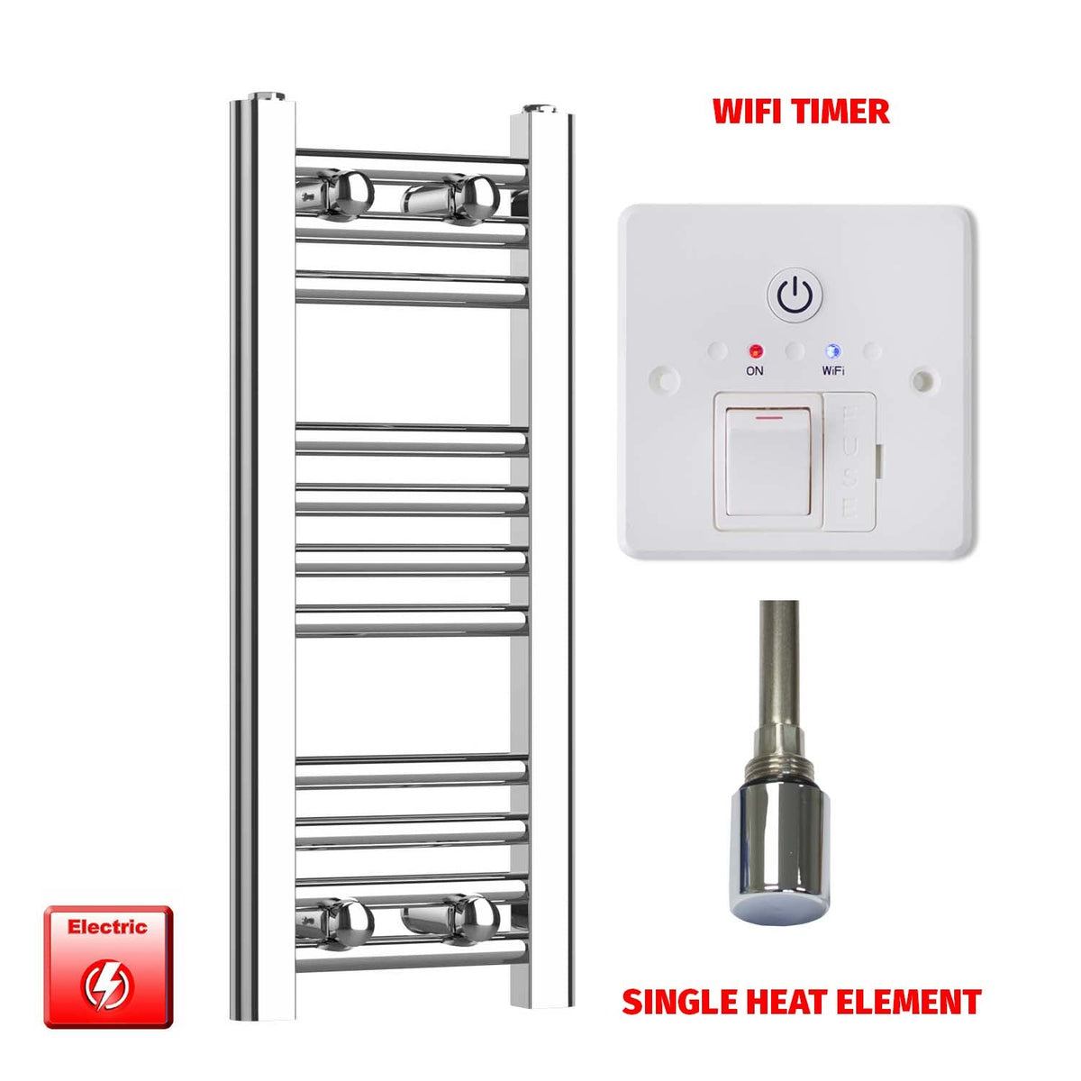 600mm High 200mm Wide Pre-Filled Electric Heated Towel Rail Radiator Straight Chrome Wifi Timer Single Heat Element