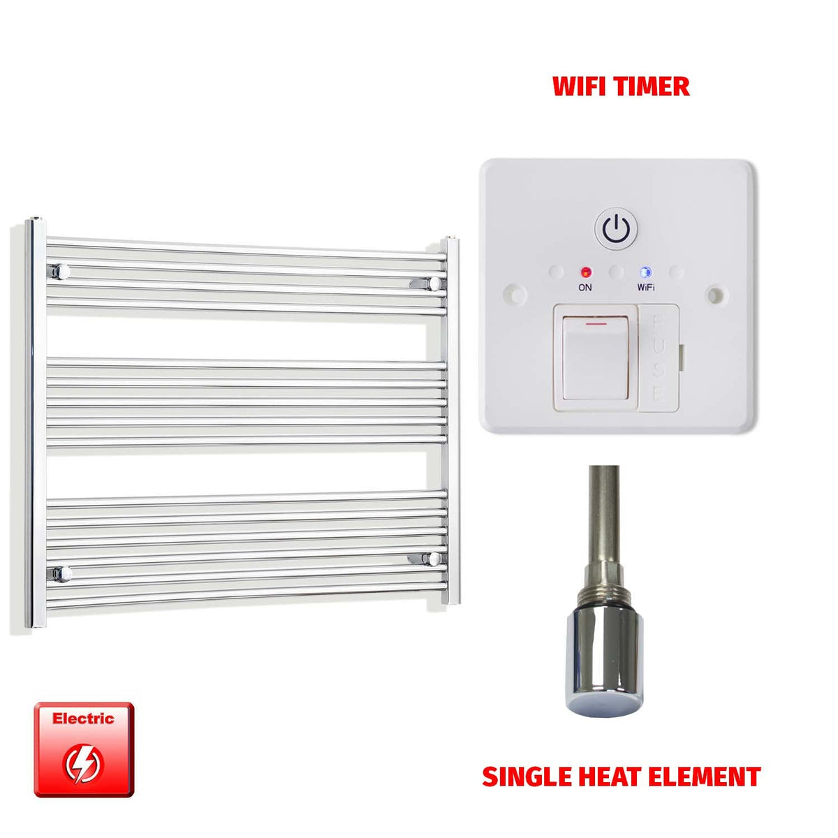 800mm High 950mm Wide Pre-Filled Electric Heated Towel Rail Radiator Straight Chrome Single heat element Wifi timer