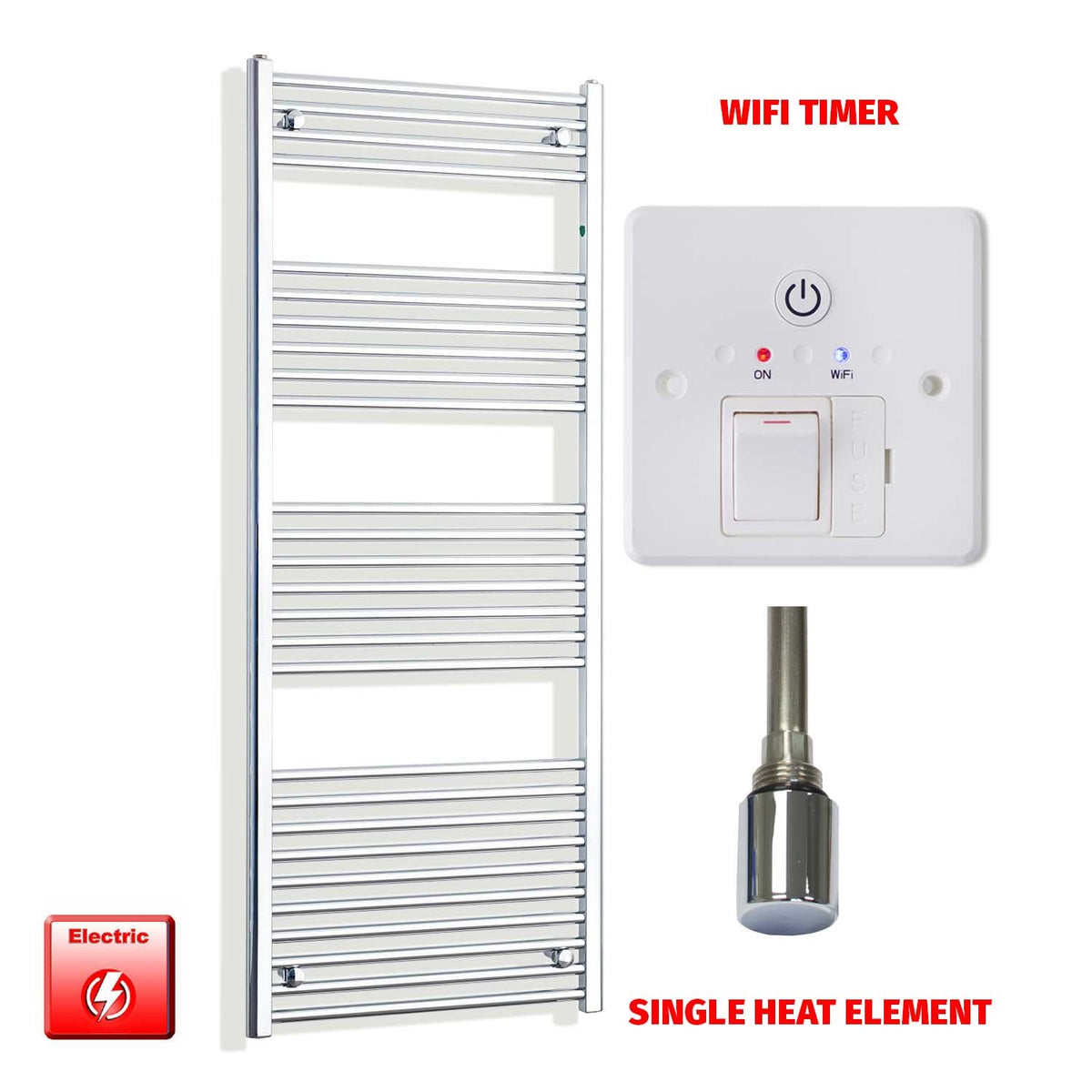 1600mm High 500mm Wide Pre-Filled Electric Heated Towel Radiator Straight or Curved Chrome Single heat element Wifi timer