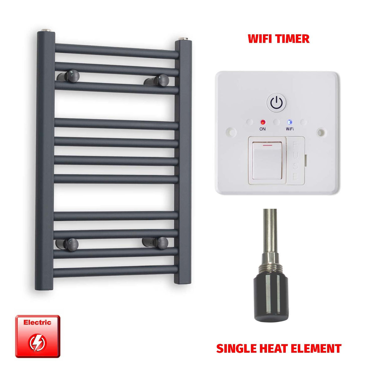 600mm High 400mm Wide Flat Anthracite Pre-Filled Electric Heated Towel Rail Radiator HTR Single heat element Wifi timer