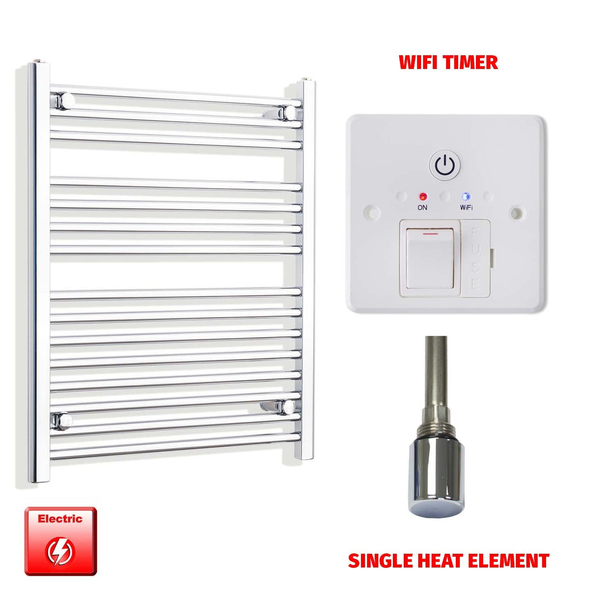 800mm High 550mm Wide Pre-Filled Electric Heated Towel Radiator Straight Chrome Single heat element Wifi timer