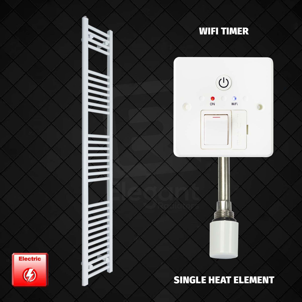 1800 mm High 200 mm Wide Pre-Filled Electric Heated Towel Rail Radiator White HTR Single Heat Element Wifi Timer