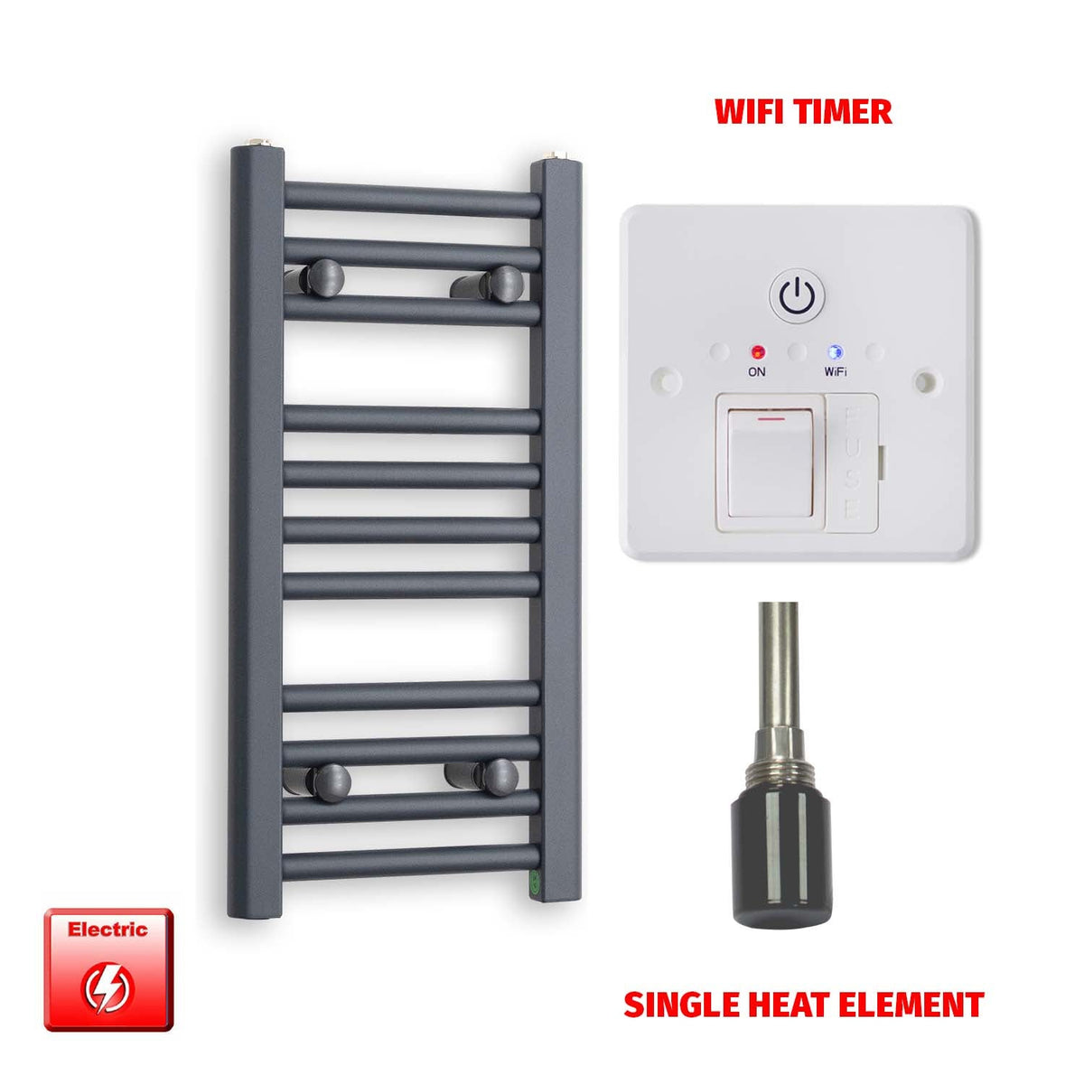 600 x 300 Flat Anthracite Pre-Filled Electric Heated Towel Radiator HTR Single heat element Wifi timer