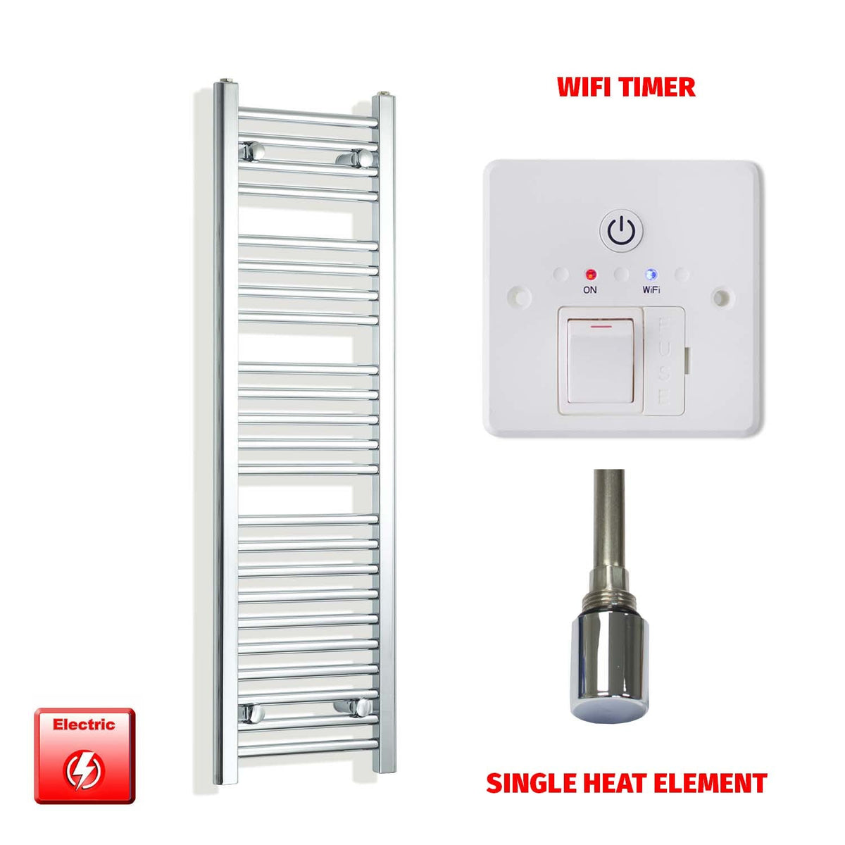 1400mm High 350mm Wide Pre-Filled Electric Heated Towel Rail Radiator Straight Chrome Single heat element nWifi timer