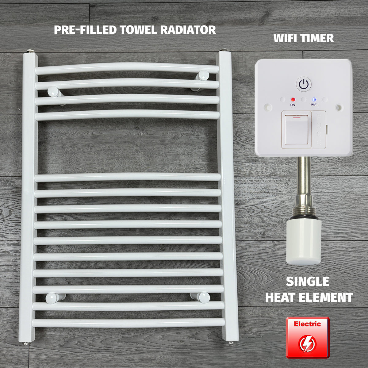 688 x 600 Electric Heated Towel Rail White Pre-Filled Curved