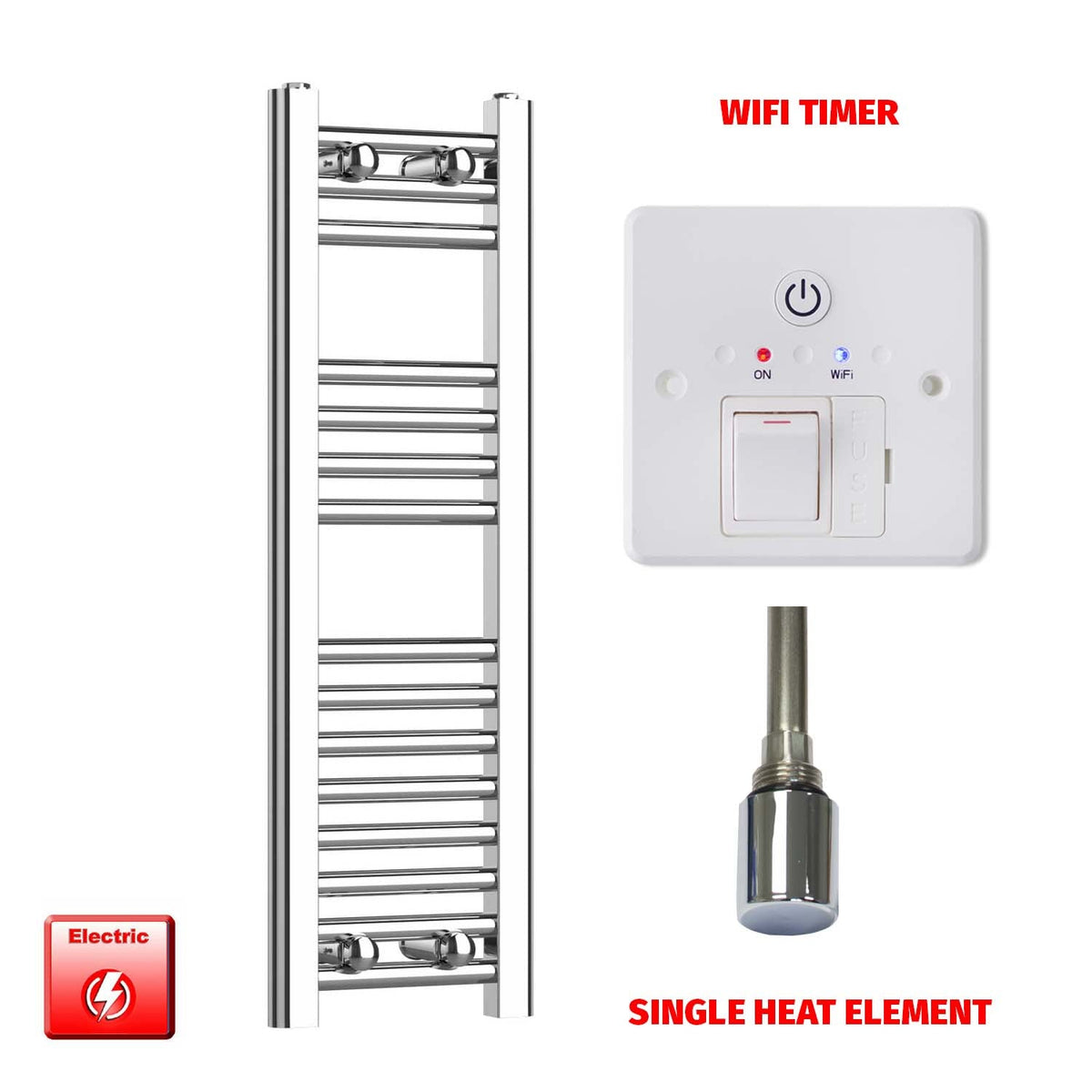 800 x 250 Pre-Filled Electric Heated Towel Radiator Straight Chrome Single Element Wifi Timer
