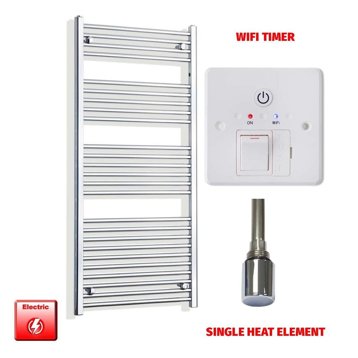 1400mm High 550mm Wide Pre-Filled Electric Heated Towel Radiator Straight Chrome Single heat element Wifi timer