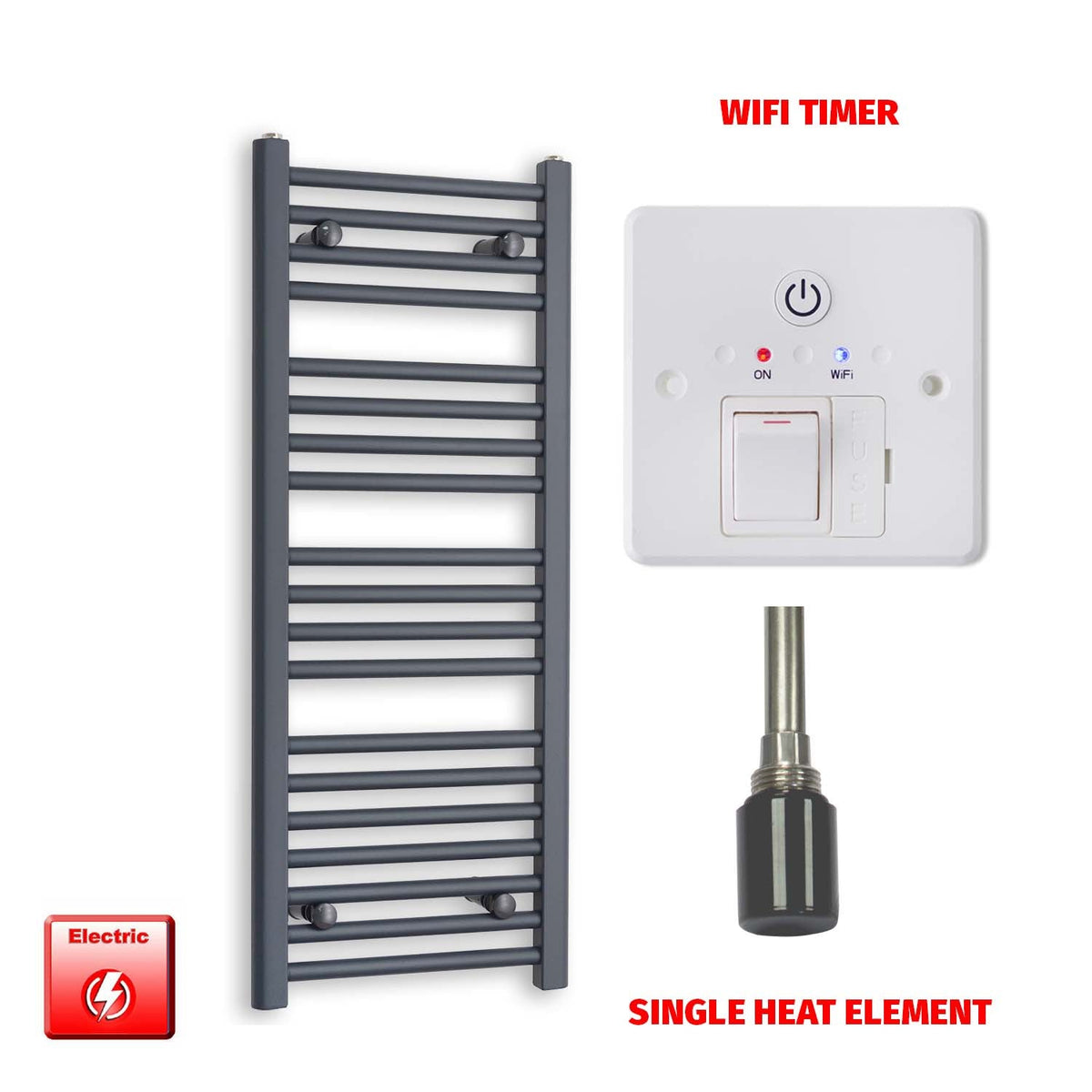 1000 x 400 Flat Anthracite Pre-Filled Electric Heated Towel Radiator HTR Single heat element Wifi timer