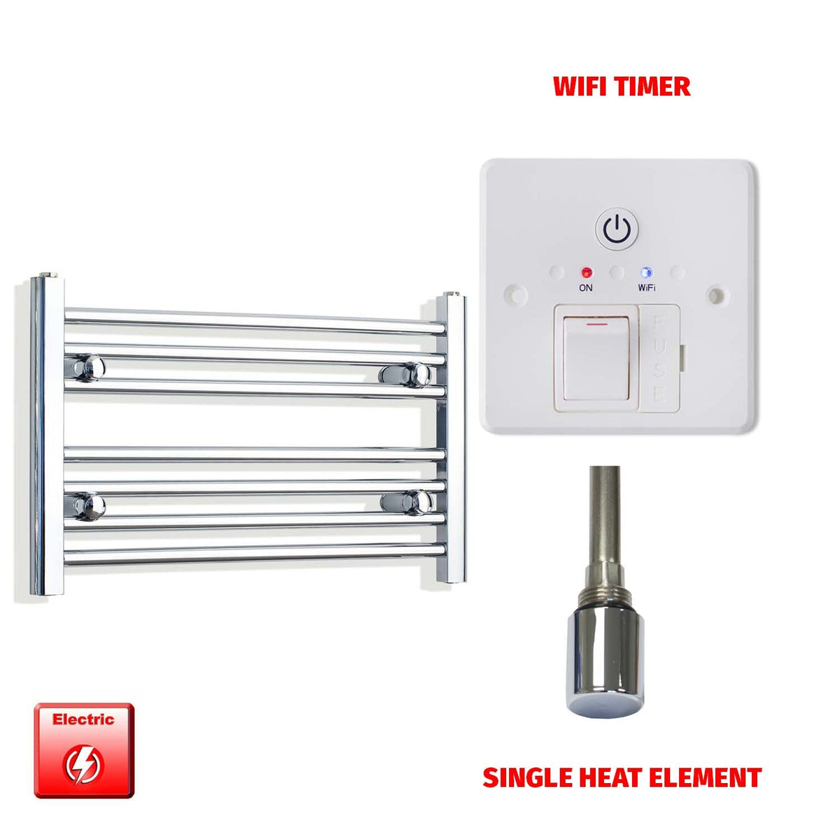400 x 600 Pre-Filled Electric Heated Towel Radiator Straight or Curved Chrome Single heat element wifi timer