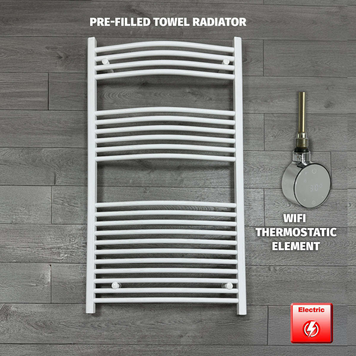 1300 x 750 Electric Heated Towel Rail White Pre-Filled Curved