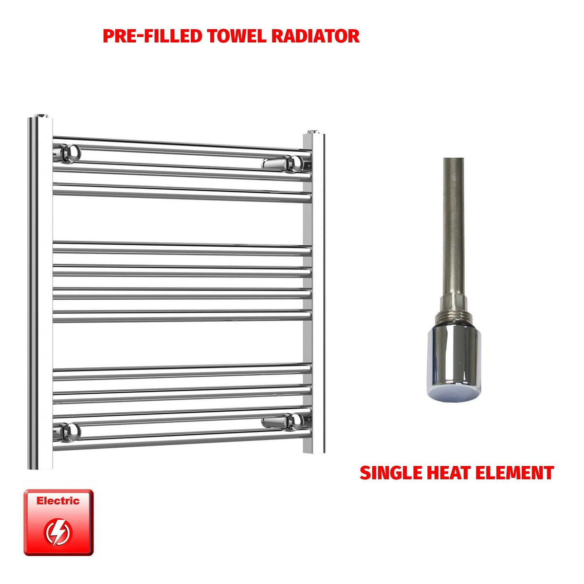 600 x 650 Pre-Filled Electric Heated Towel Radiator Straight Chrome