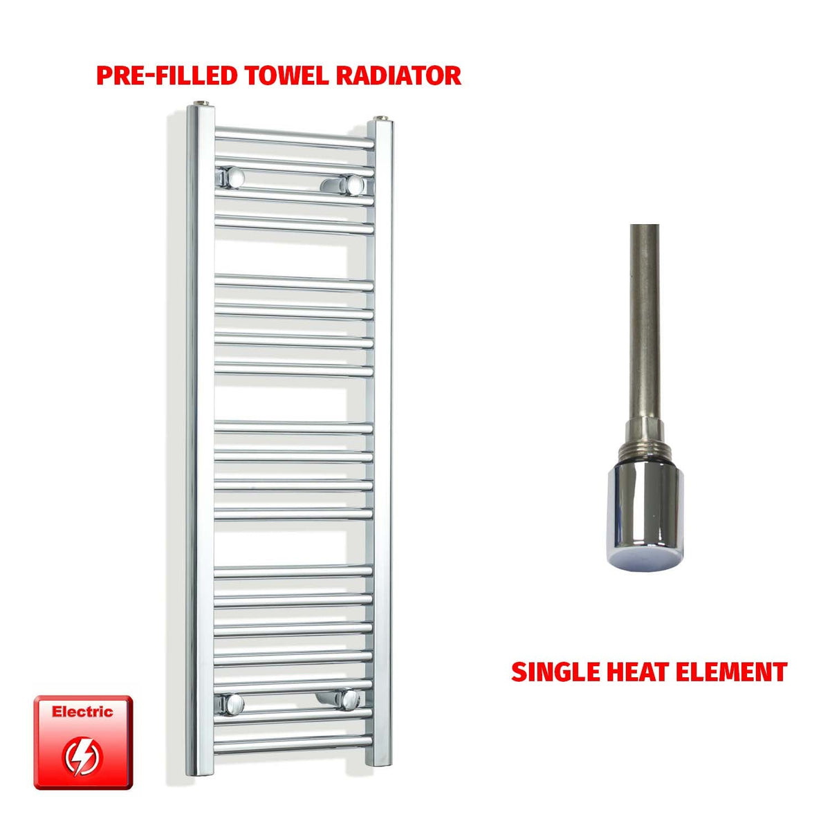 1000mm High 300mm Wide Pre-Filled Electric Heated Towel Rail Radiator Straight Chrome Single Element