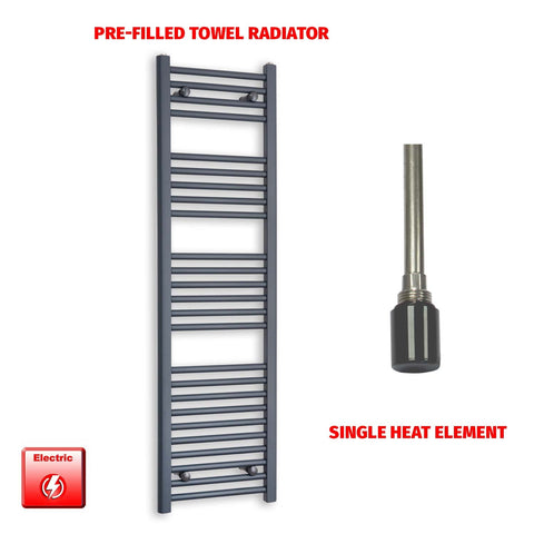 1400mm High 400mm Wide Flat Anthracite Pre-Filled Electric Heated Towel Radiator Single heat element no timer
