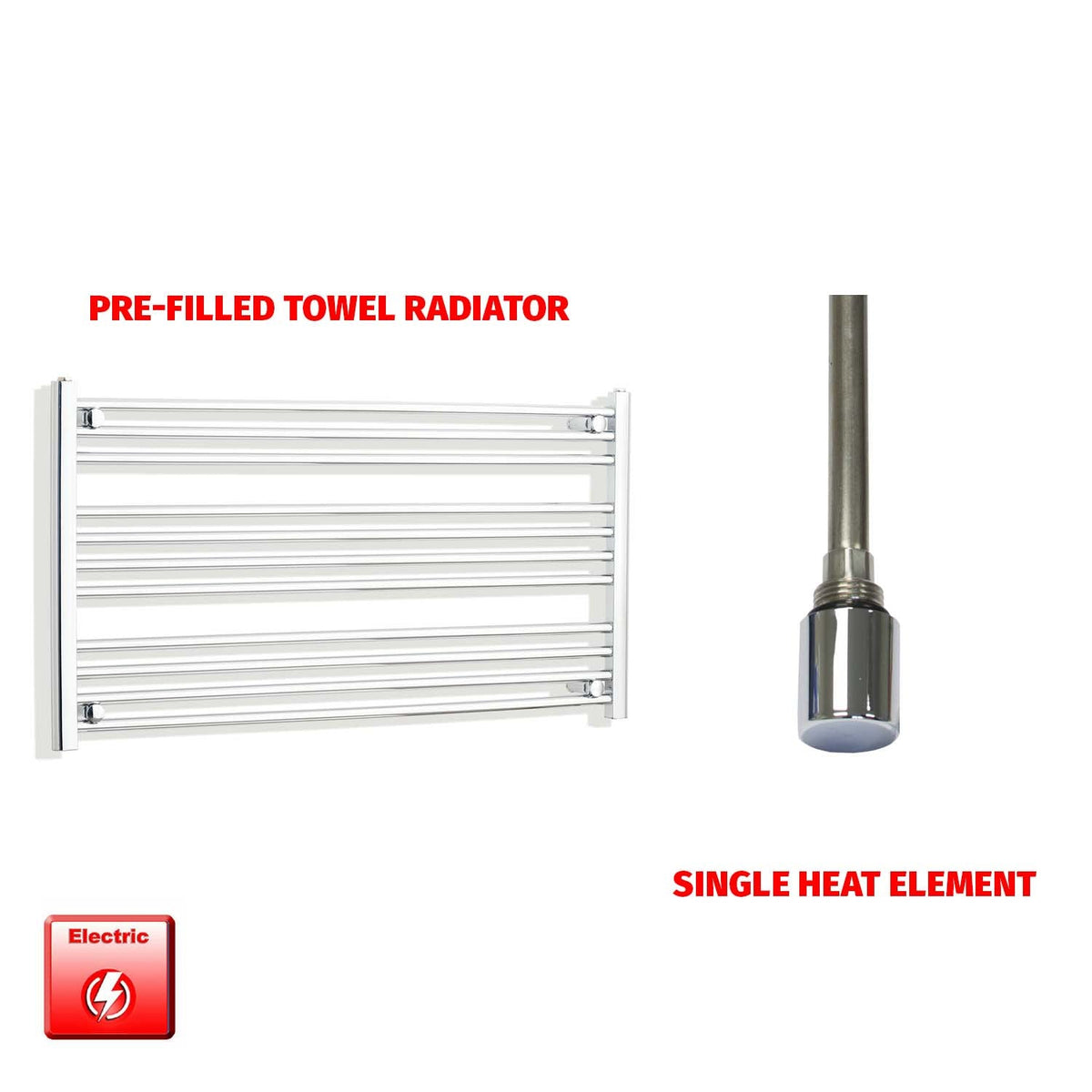 600mm High 1300mm Wide Pre-Filled Electric Heated Towel Radiator Straight Chrome Single heat element no timer