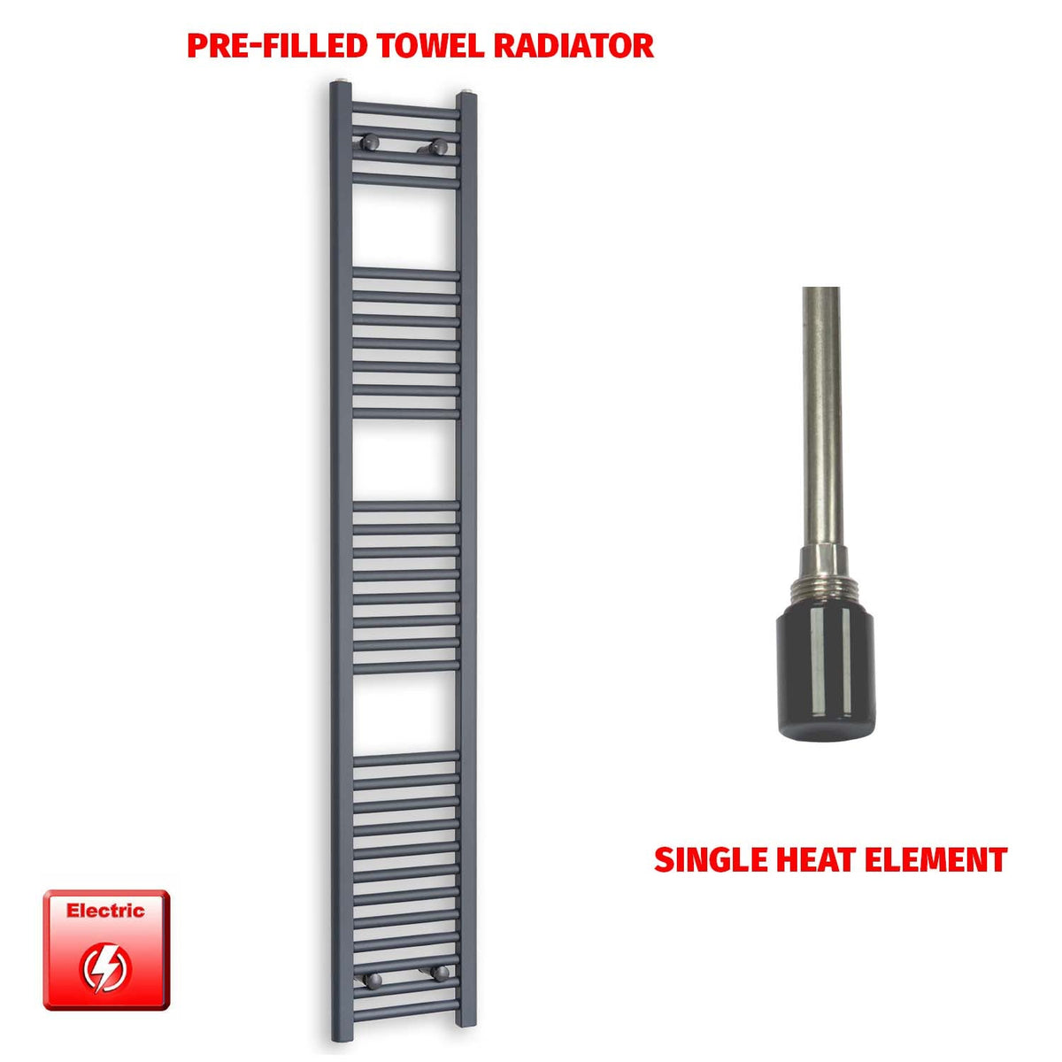 1800mm High 300mm Wide Flat Anthracite Pre-Filled Electric Heated Towel Rail Radiator HTR Single heat element no timer