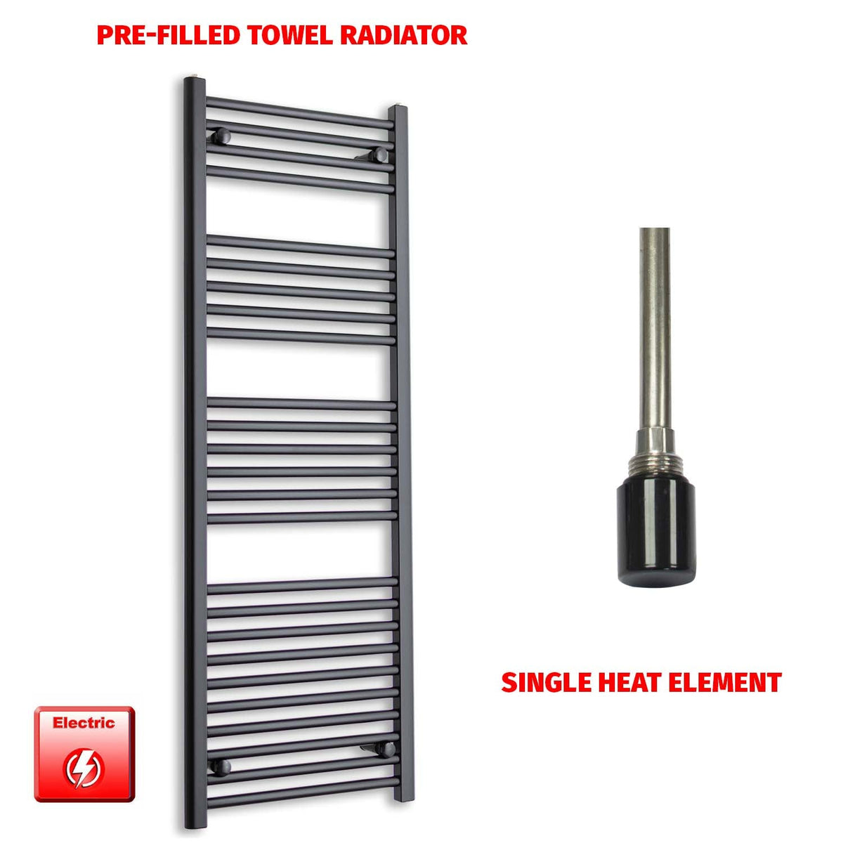 1400 x 550mm Wide Flat Black Pre-Filled Electric Heated Towel Radiator HTR Single No Timer