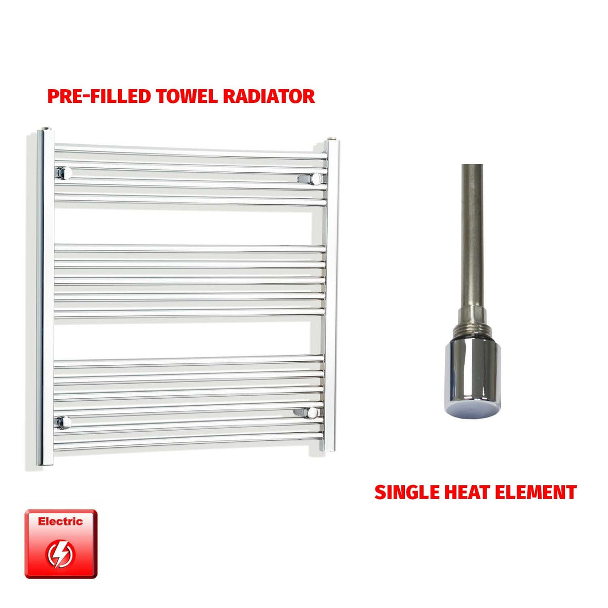 800mm High 850mm Wide Pre-Filled Electric Heated Towel Rail Radiator Straight Chrome Single heat element no timer
