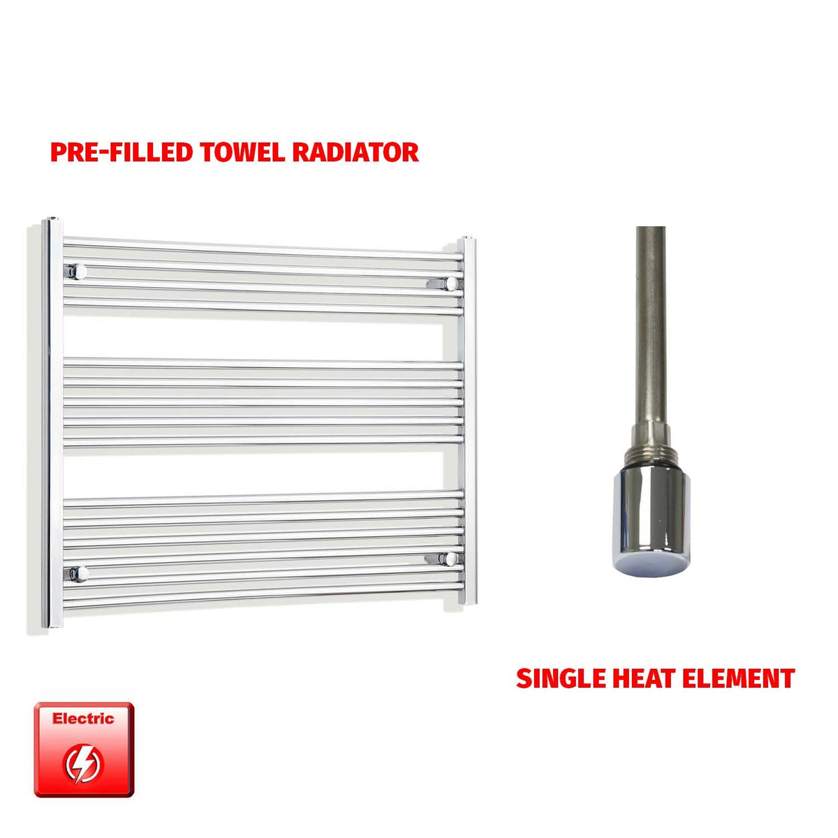 800mm High 950mm Wide Pre-Filled Electric Heated Towel Rail Radiator Straight Chrome Single heat element no timer