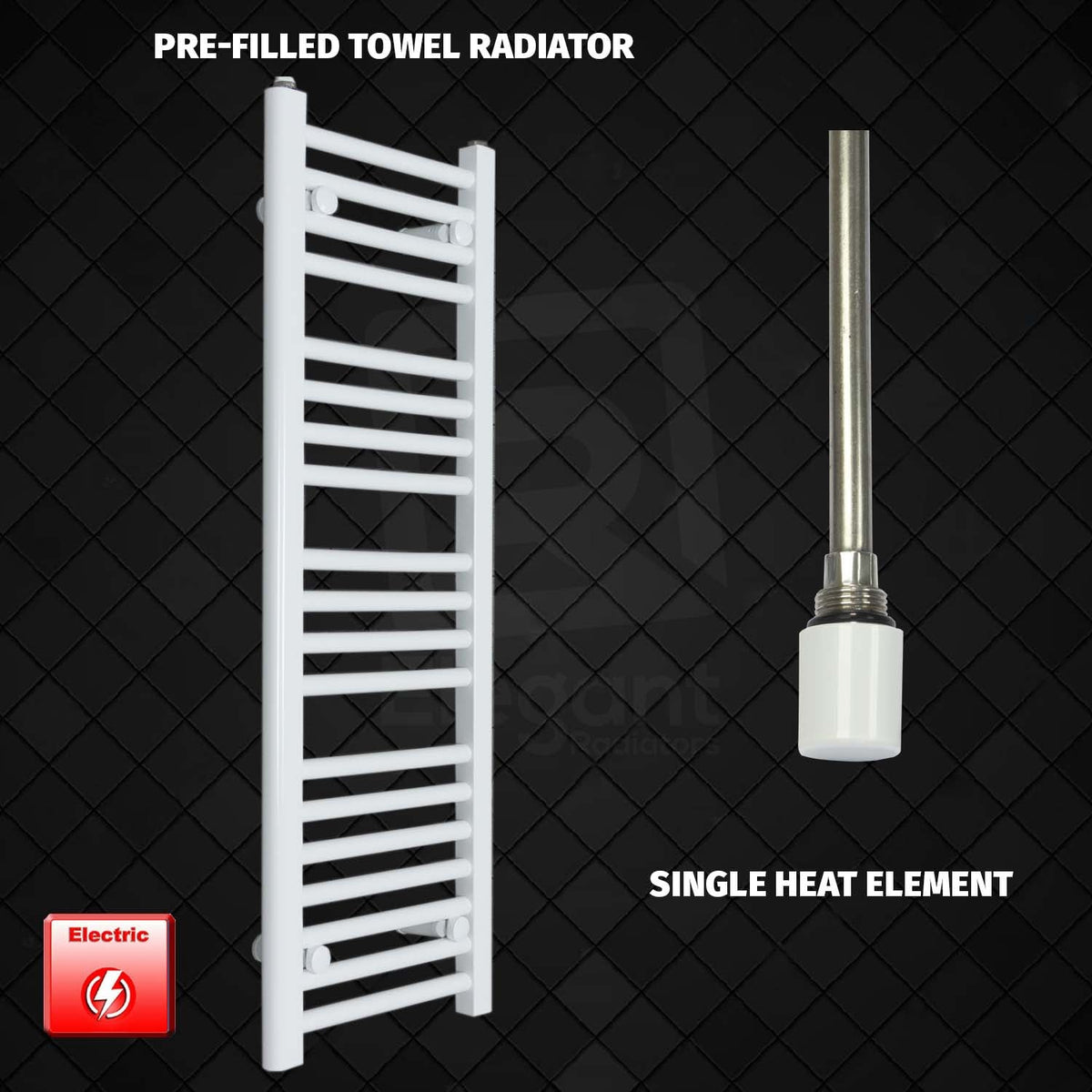 1000 mm High 300 mm Wide Pre-Filled Electric Heated Towel Rail Radiator White Single Heat Element No Timer