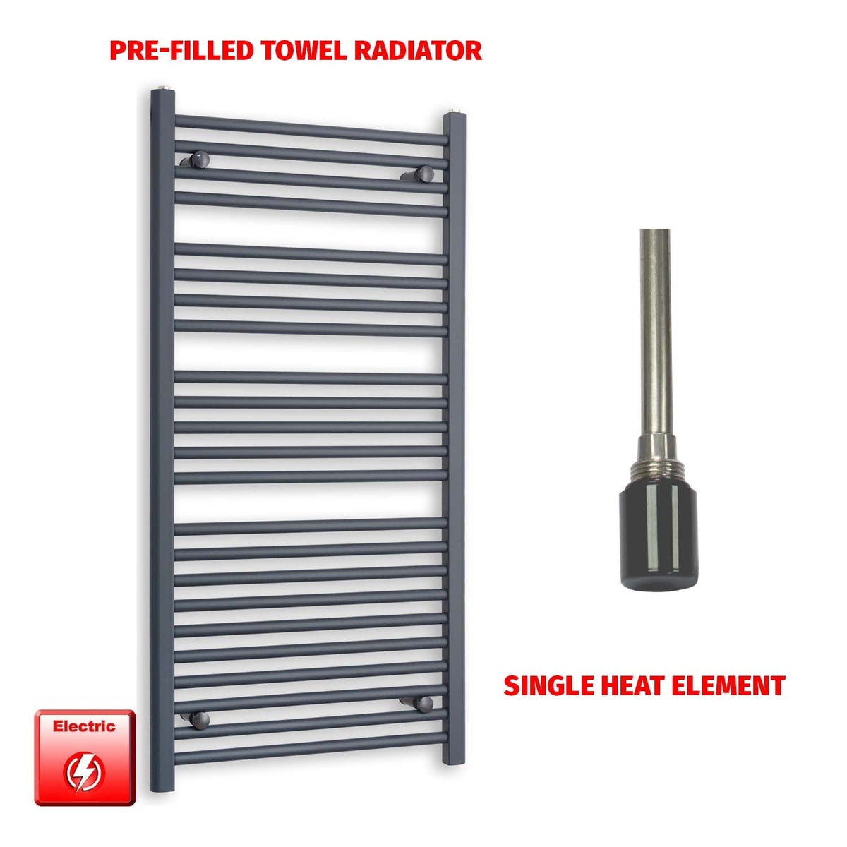 1200mm High 600mm Wide Flat Anthracite Pre-Filled Electric Heated Towel Rail Radiator HTR Single heat element no timer