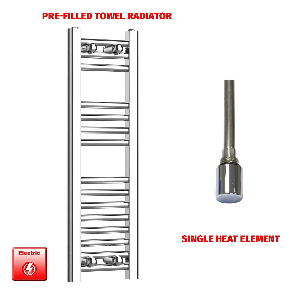 800 x 200 Pre-Filled Electric Heated Towel Radiator Straight Chrome Single No Timer