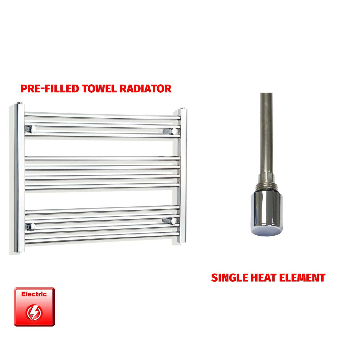 600 x 900 Pre-Filled Electric Heated Towel Radiator Straight Chrome Single heat element no timer