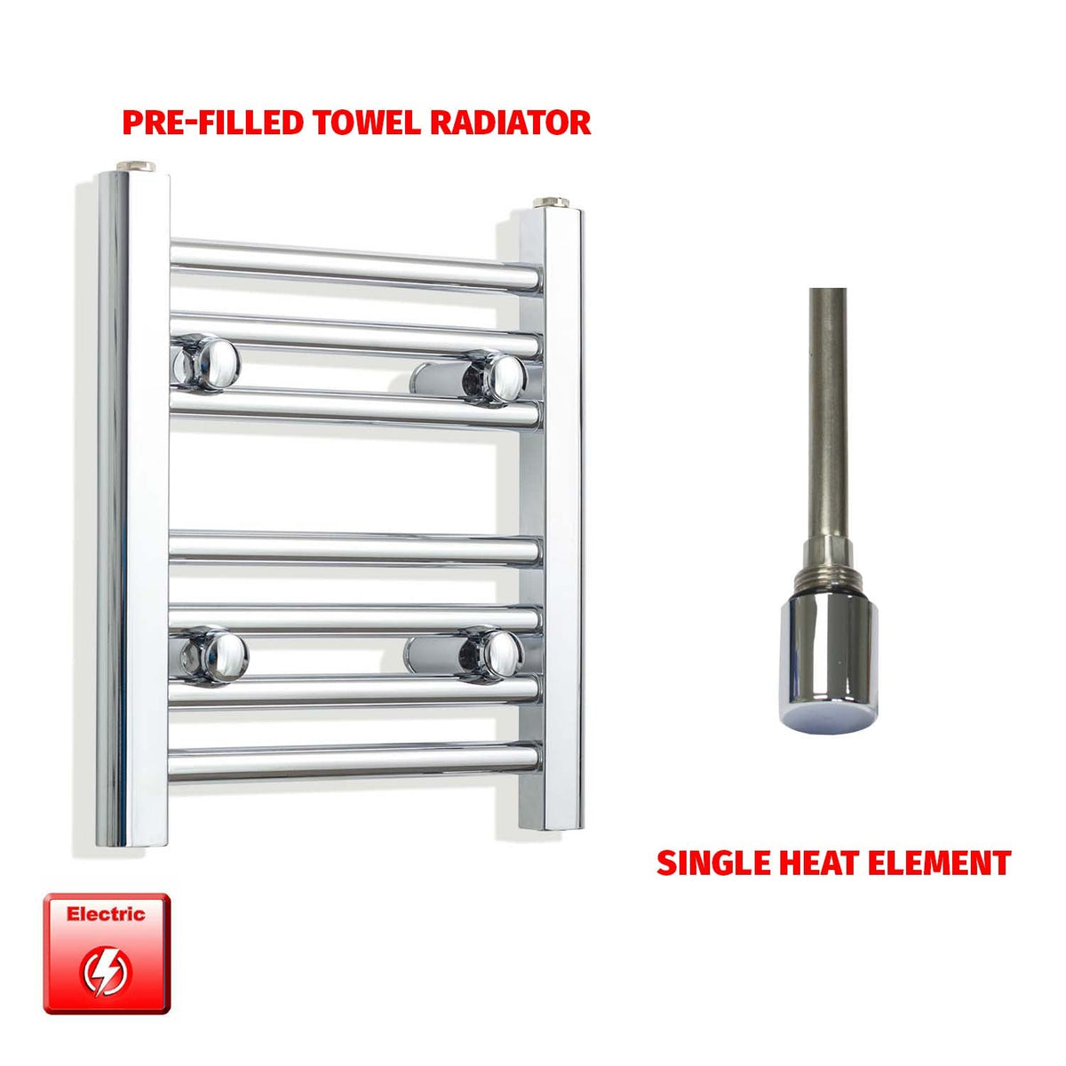 400mm High 300mm Wide Pre-Filled Electric Heated Towel Rail Radiator Straight Chrome Single Element No Timer
