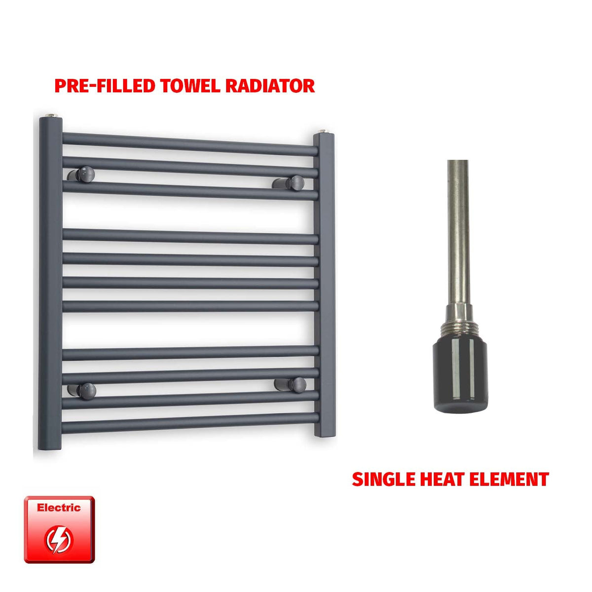 600mm High 600mm Wide Flat Anthracite Pre-Filled Electric Heated Towel Rail Radiator HTR  Single heat element no timer