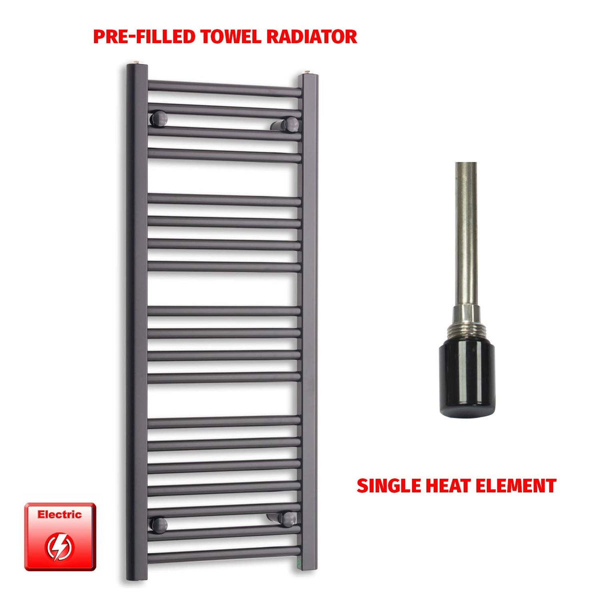 1000 x 400 Flat Black Pre-Filled Electric Heated Towel Radiator HTR Single No Timer