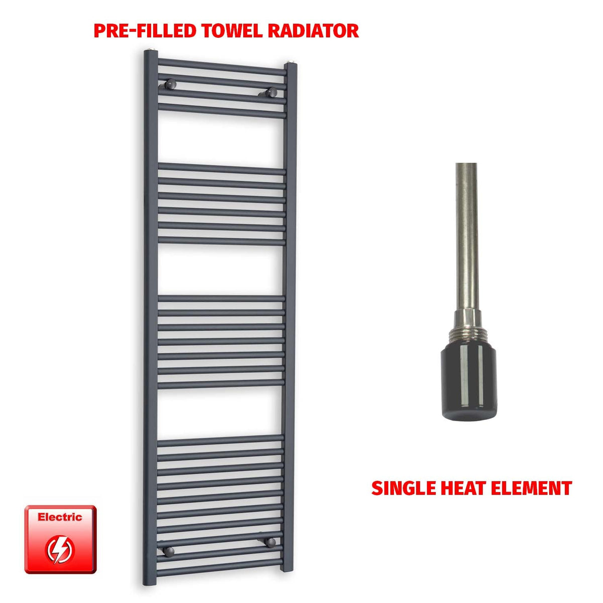 1600mm High 500mm Wide Flat Anthracite Pre-Filled Electric Heated Towel Rail Radiator HTR  Single heat element no timer
