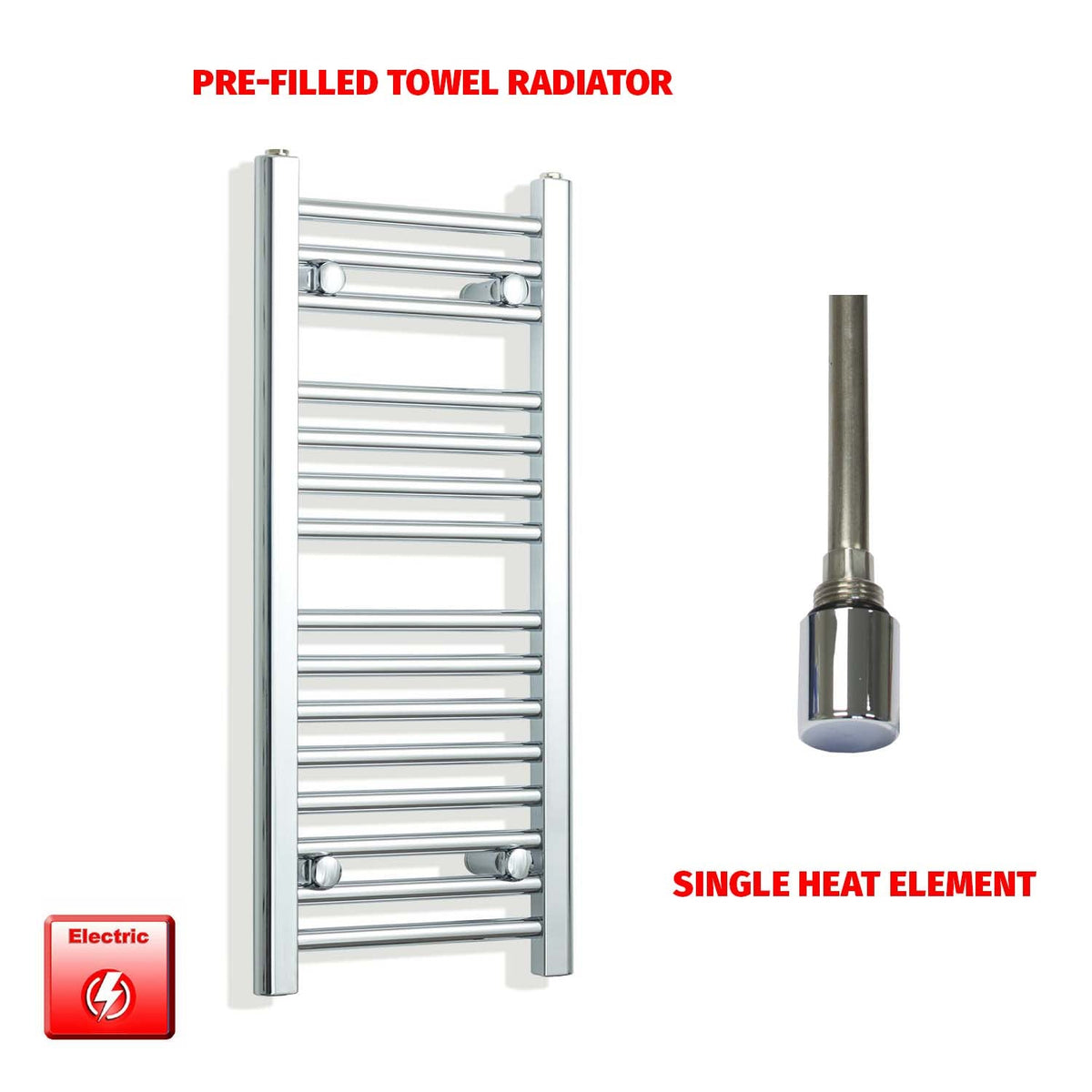 800mm High 350mm Wide Pre-Filled Electric Heated Towel Rail Radiator Straight Chrome Single heat element no timer