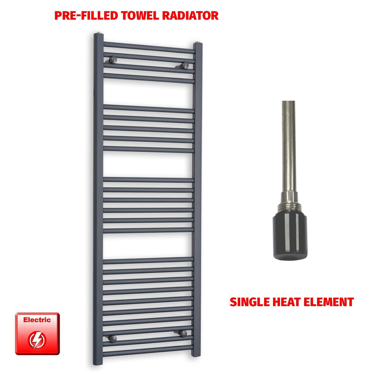 1400mm High 500mm Wide Flat Anthracite Pre-Filled Electric Heated Towel Rail Radiator HTR  Single heat element no timer