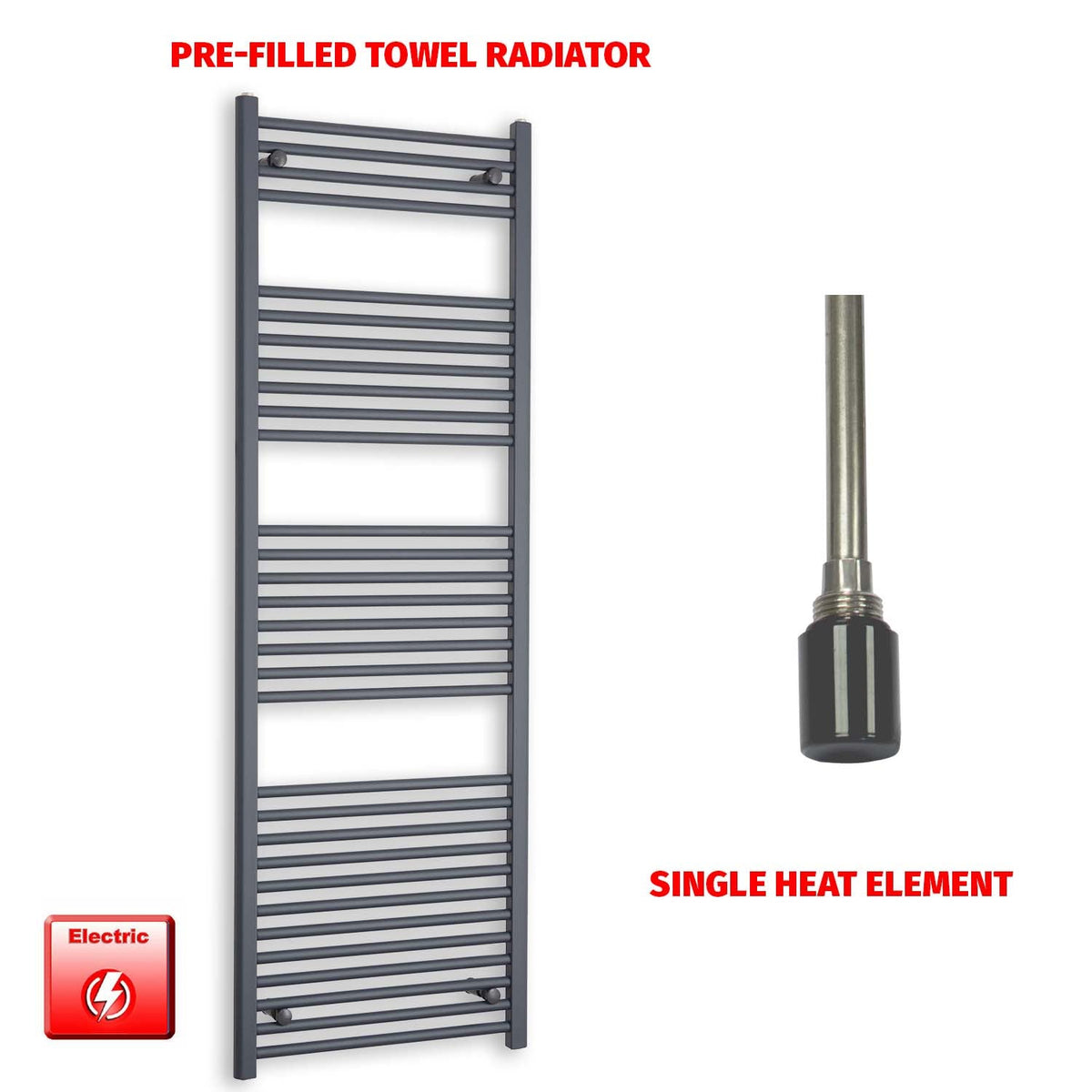 1800mm High 600mm Wide Flat Anthracite Pre-Filled Electric Heated Towel Rail Radiator HTR  Single heat element no timer