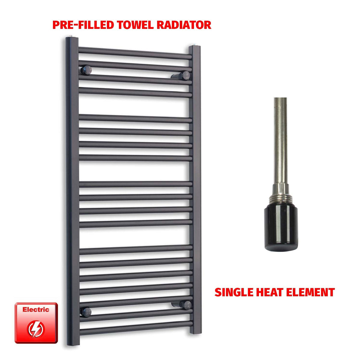 1000mm High 500mm Wide Flat Black Pre-Filled Electric Heated Towel Rail Radiator HTR Single No Timer
