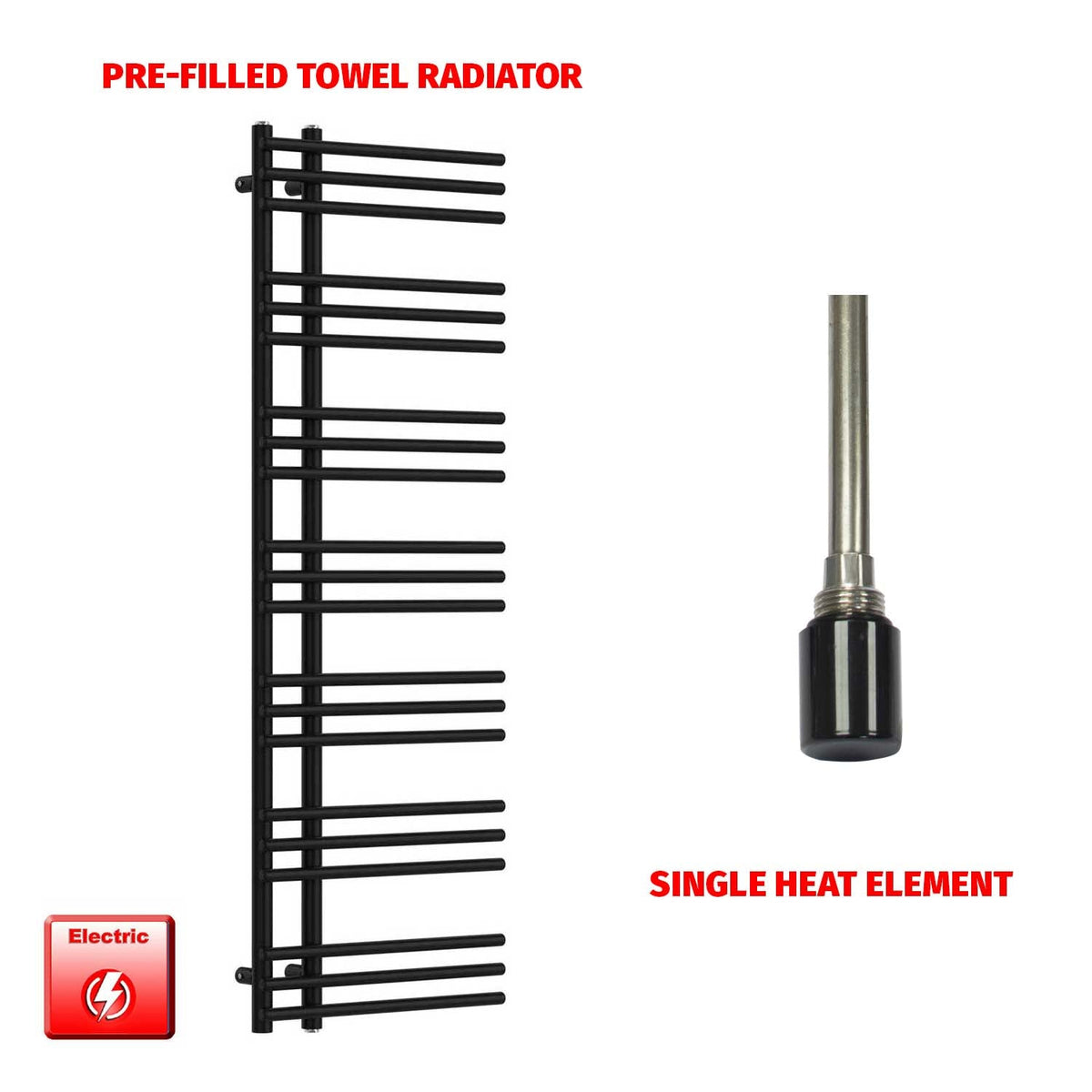 1500 mm High x 500 mm Wide Difta Pre-Filled Electric Heated Towel Radiator Flat Black Single Heat Element