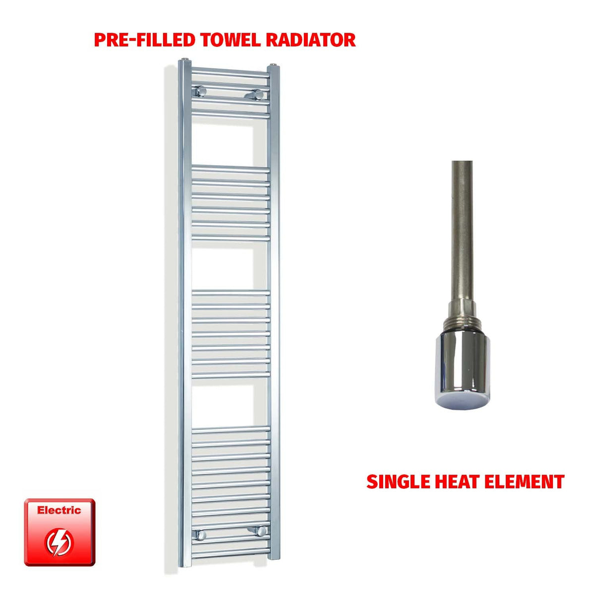 1600mm High 300mm Wide Pre-Filled Electric Heated Towel Radiator Straight Chrome Single Heat Element