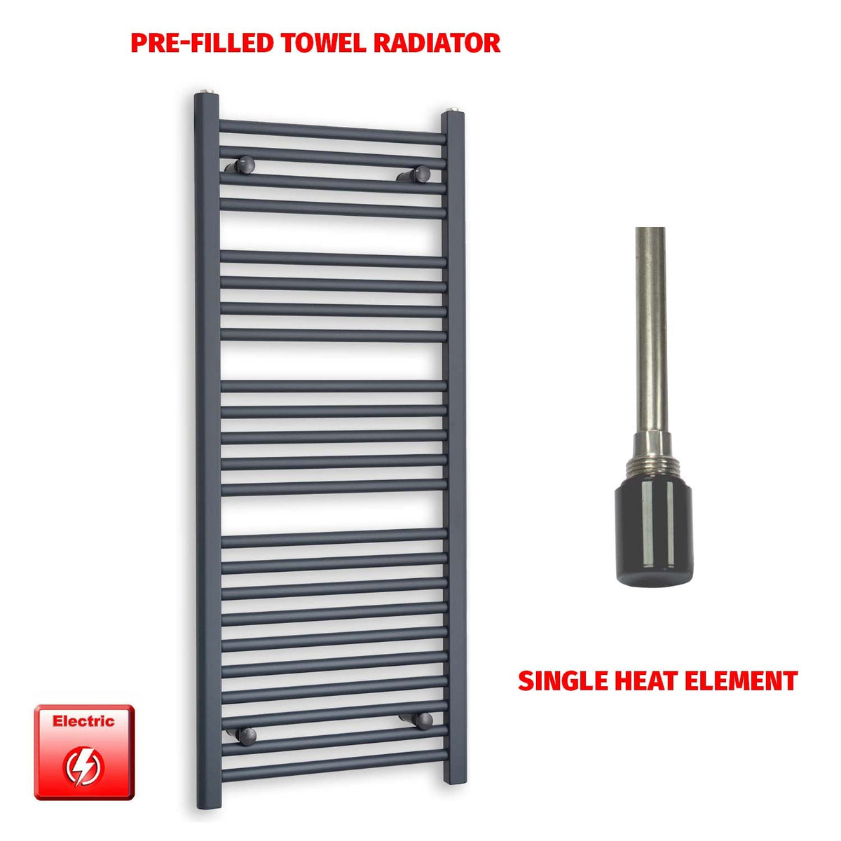 1200mm High 500mm Wide Flat Anthracite Pre-Filled Electric Heated Towel Rail Radiator HTR  Single heat element no timer