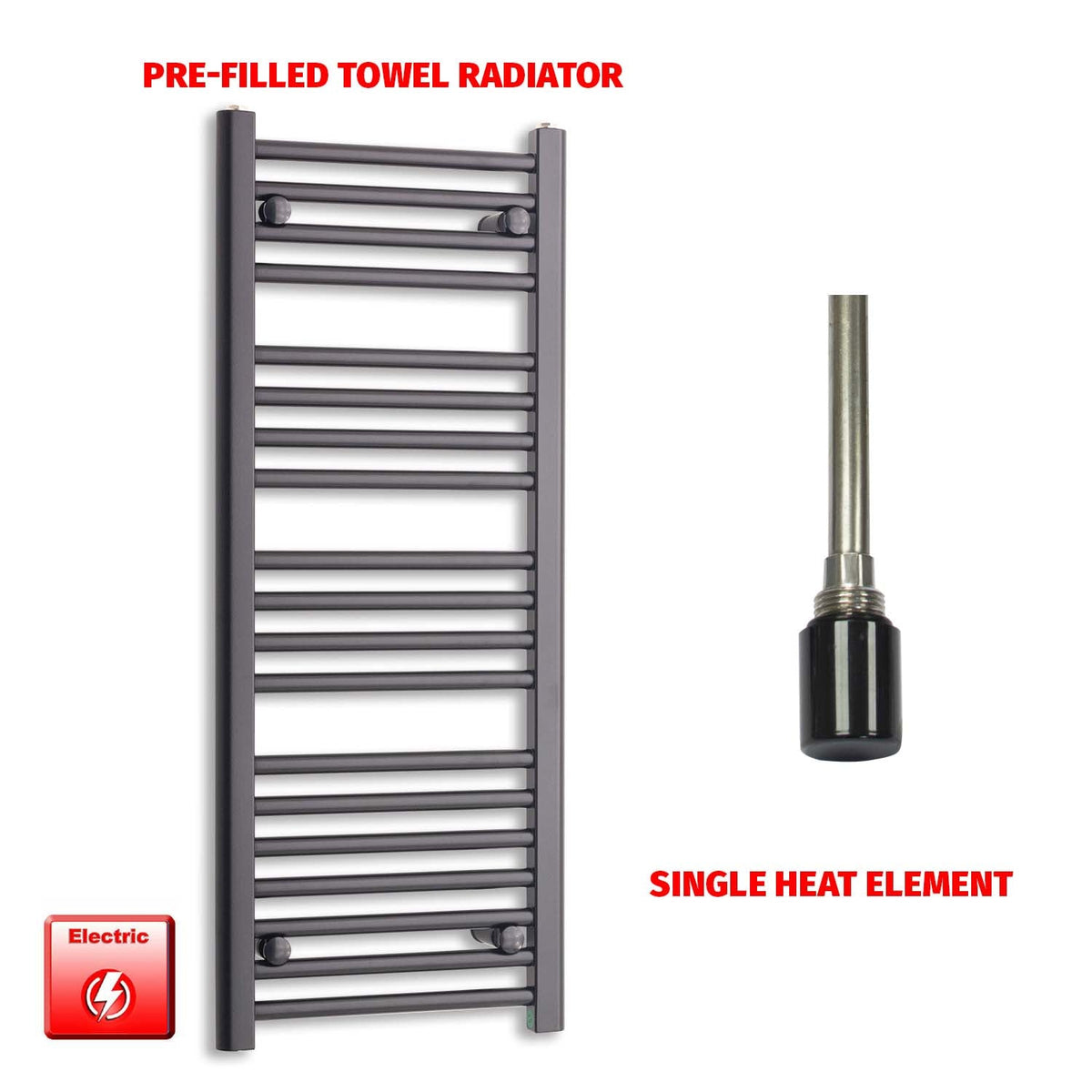 1000mm High 450mm Wide High Flat Black Pre-Filled Electric Heated Towel Radiator HTR Single No Timer