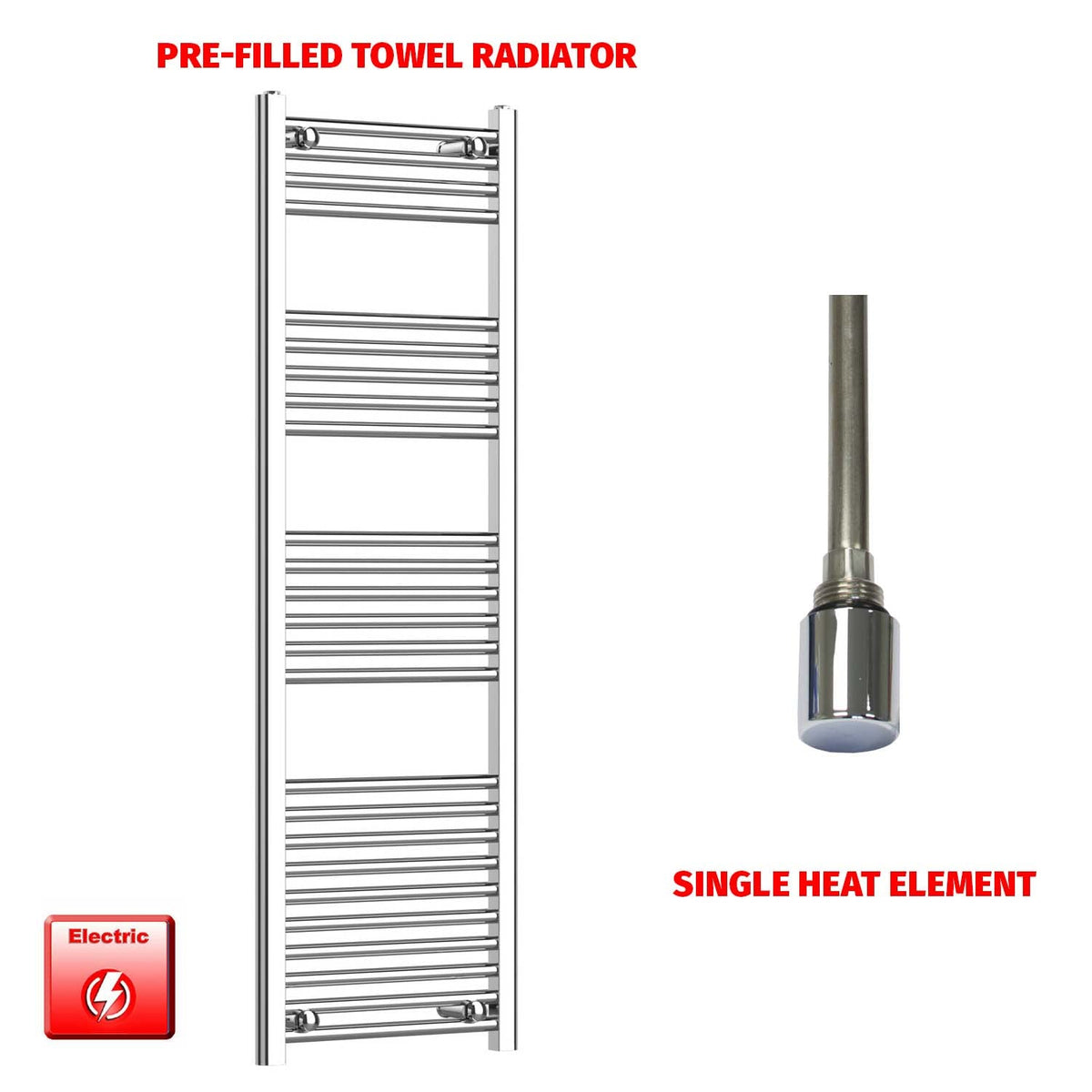 1400mm High 450mm Wide Pre-Filled Electric Heated Towel Radiator Straight Chrome Single heat element no timer