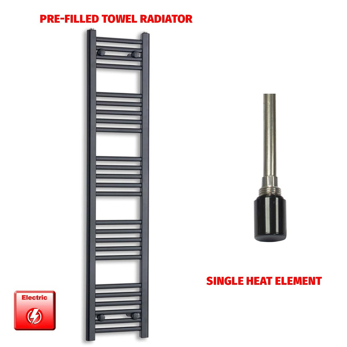 1400 x 300 Flat Black Pre-Filled Electric Heated Towel Radiator HTR Single No Timer