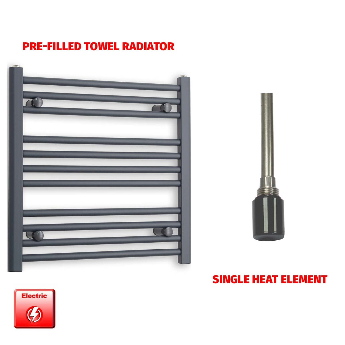 600mm High 500mm Wide Flat Anthracite Pre-Filled Electric Heated Towel Rail Radiator HTR Single Heat element no timer