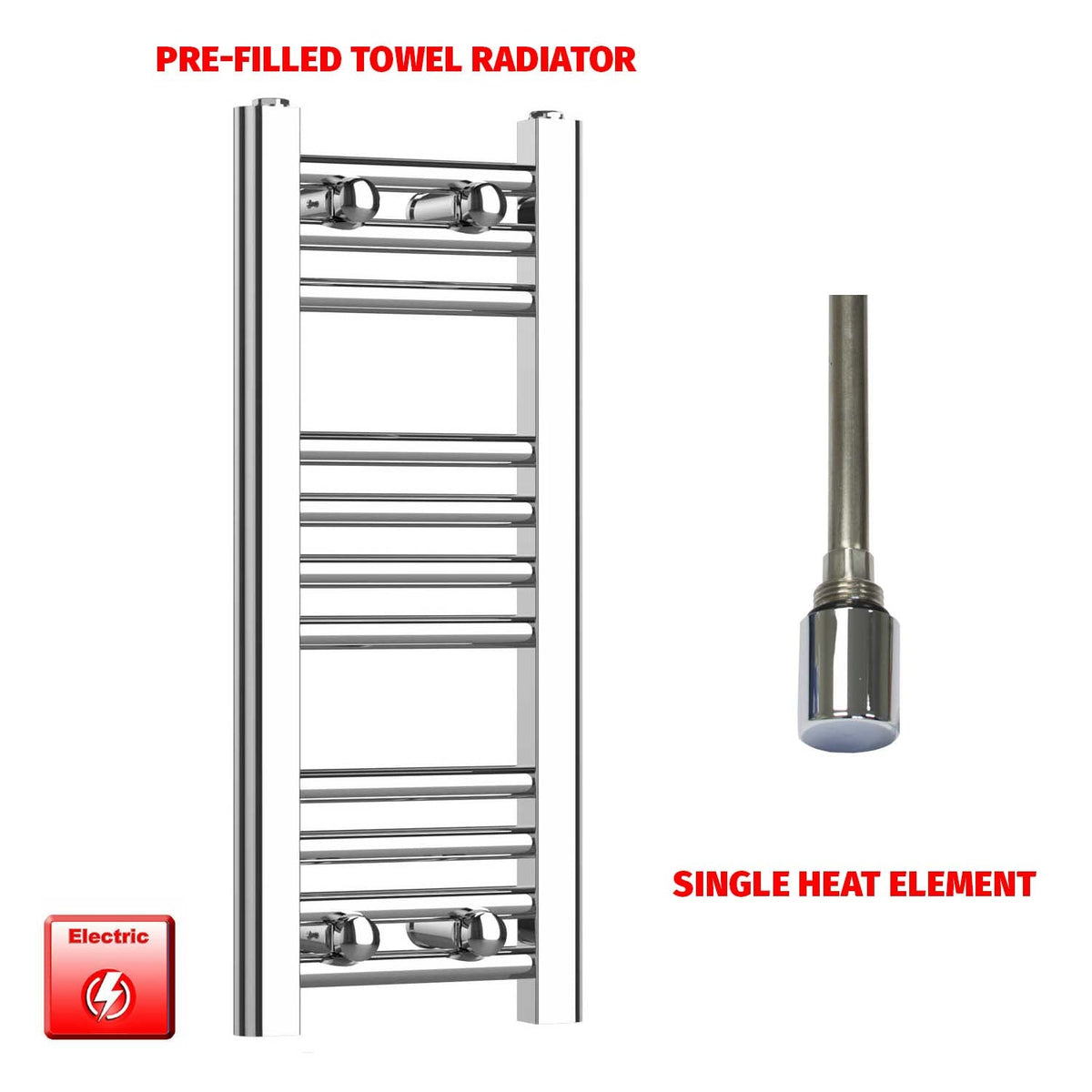 600mm High 200mm Wide Pre-Filled Electric Heated Towel Rail Radiator Straight Chrome Single Heat Element Single No Timer