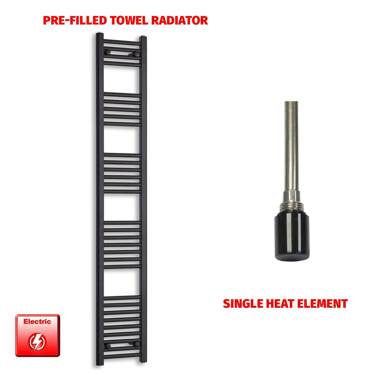1800 x 300 Flat Black Pre-Filled Electric Heated Towel Radiator HTR  Single No Timer