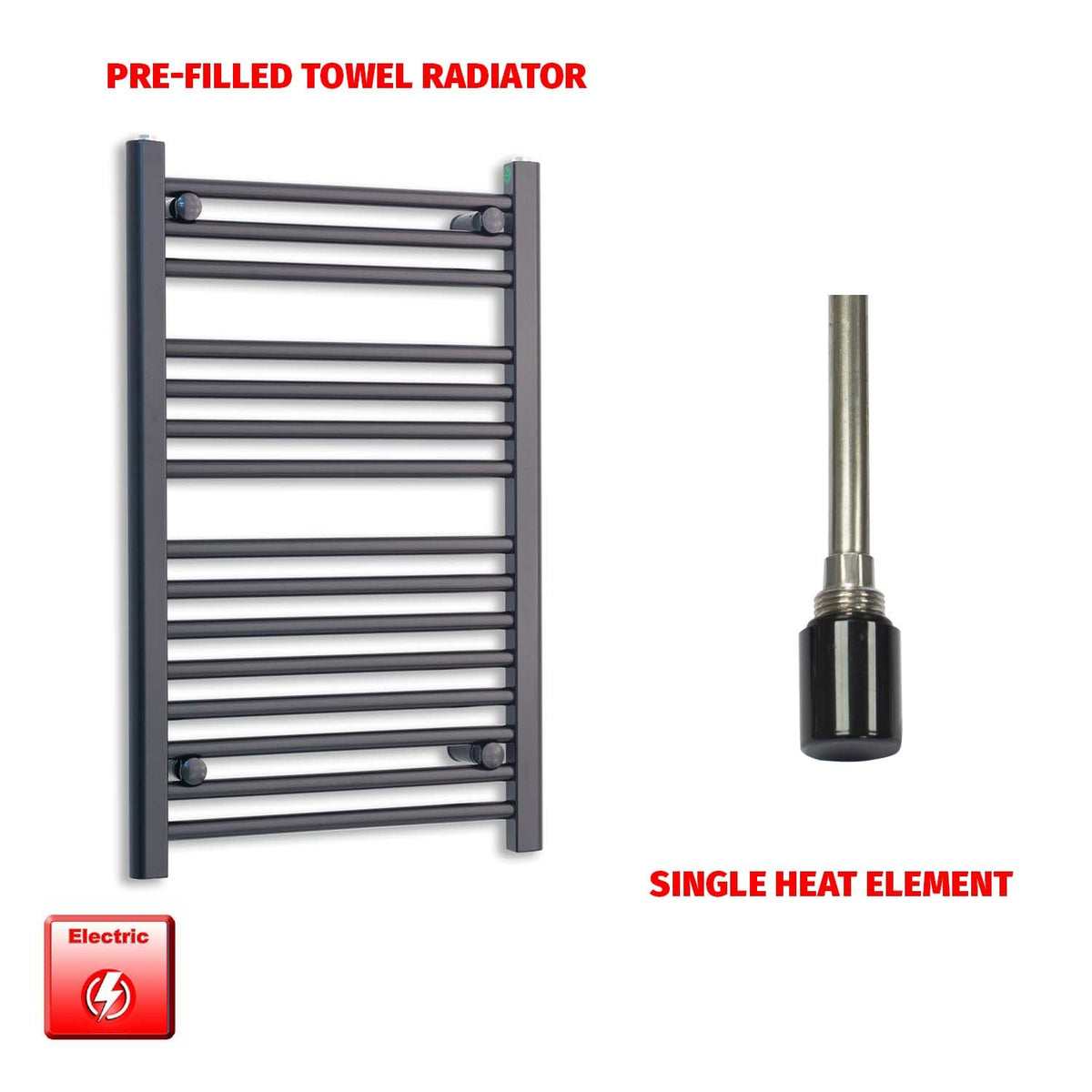 800 x 550mm Wide Flat Black Pre-Filled Electric Heated Towel Radiator HTR Single No Timer