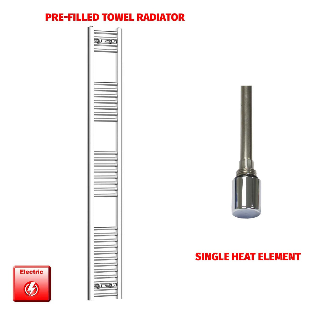 1200mm High 250mm Wide Pre-Filled Electric Heated Towel Rail Radiator Straight Chrome Single No Timer
