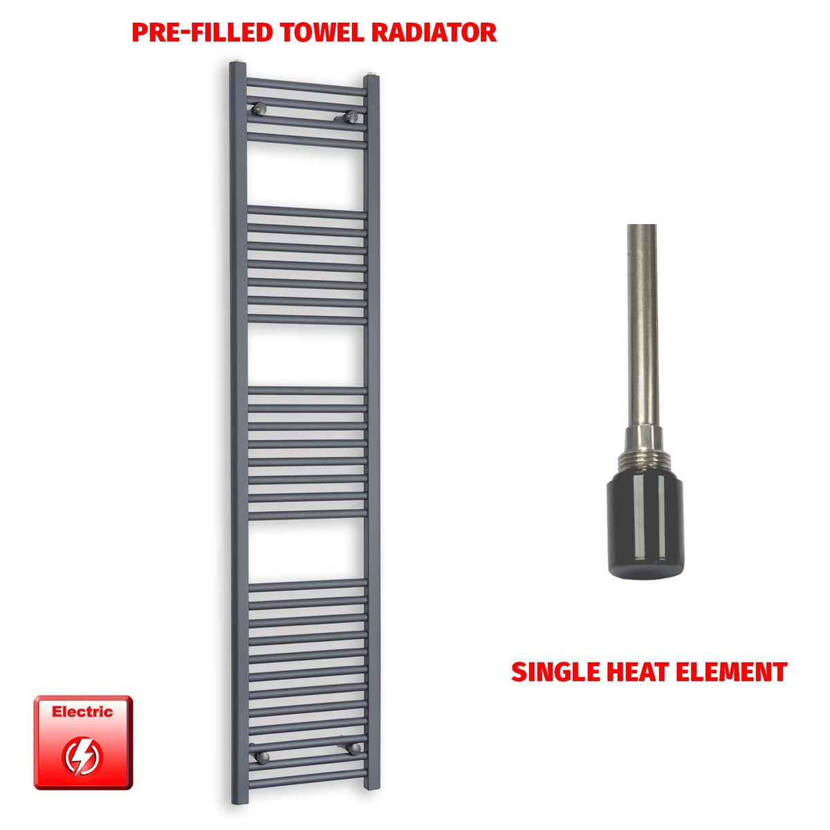 1800mm High 400mm Wide Flat Anthracite Pre-Filled Electric Towel Rail Radiator HTR Single heat element no timer