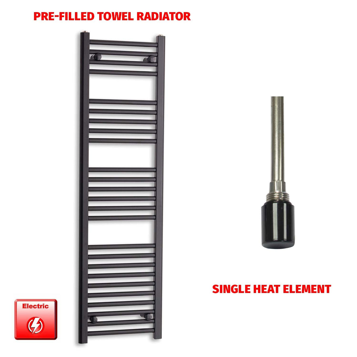 1400 x 400 Flat Black Pre-Filled Electric Heated Towel Radiator HTR Single No Timer