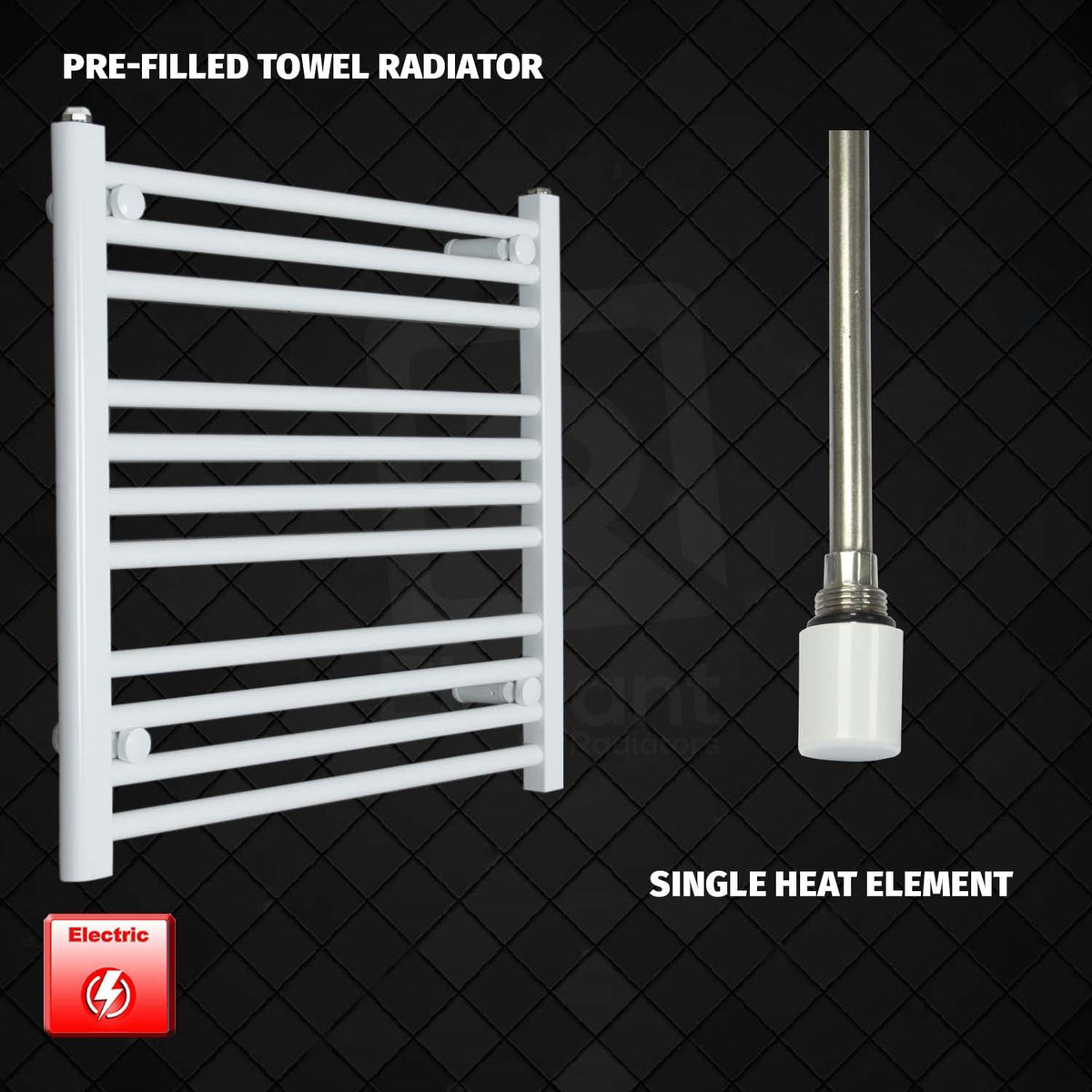 600 mm High 700 mm Wide Pre-Filled Electric Heated Towel Rail Radiator White HTR Single heat element no timer
