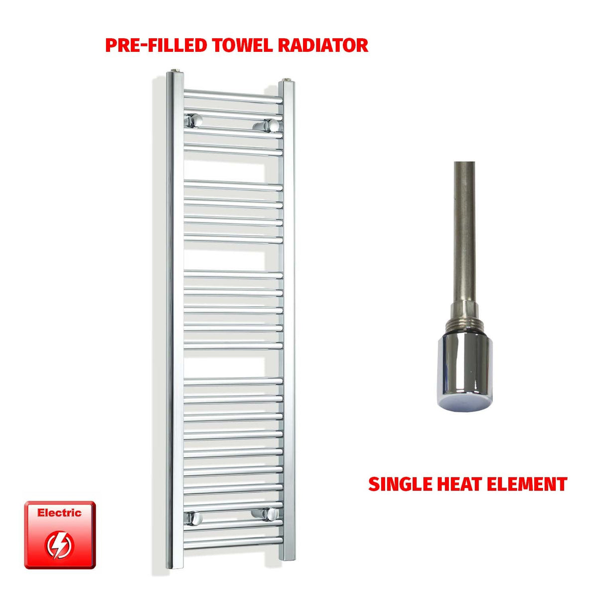 1200mm High 300mm Wide Pre-Filled Electric Heated Towel Rail Radiator Straight Chrome single element