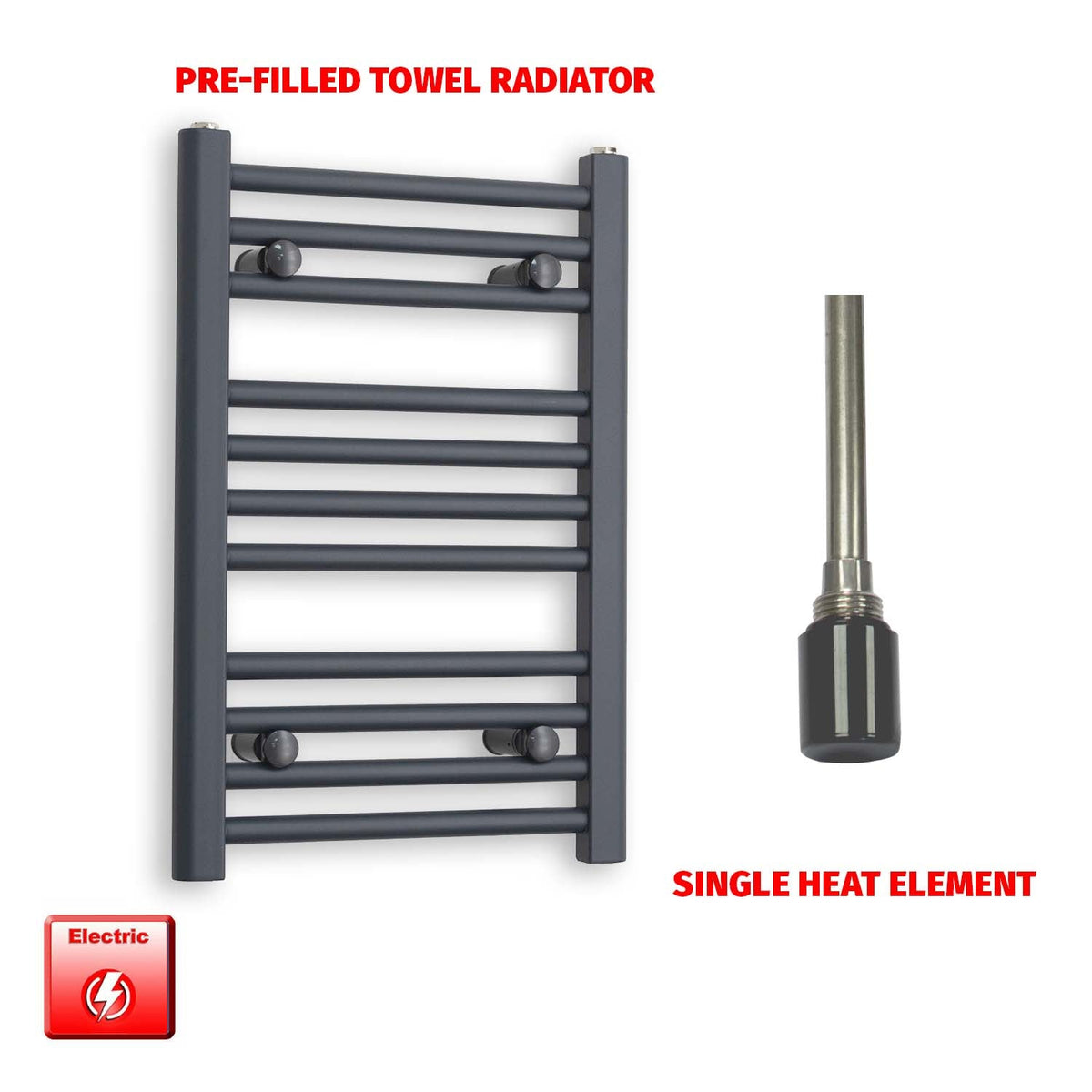 600mm High 400mm Wide Flat Anthracite Pre-Filled Electric Heated Towel Rail Radiator HTR Single heat element no timer